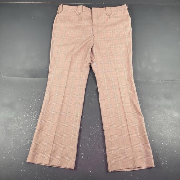 VTG Lee Frontier Slacks Mens 38x30 Beige Blue Bootcut Checkered Plaid 70's USA - Picture 2 of 9